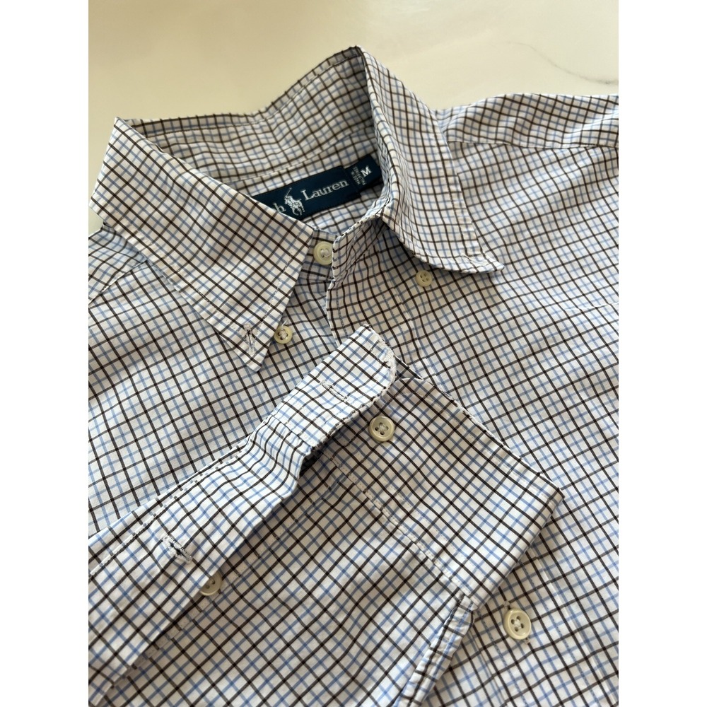 Polo Ralph Lauren Shirt Medium‎ Blue Brown Cotton Button Casual Business Checker